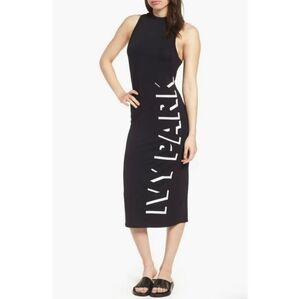 Ivy Park Back Slit Shadow‎ Logo Midi Dress Sz XS Black Sleeveless Stretch Casual